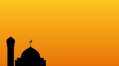 Günbatımında caminin silueti. Portakal renginde gökyüzü ve fotokopi alanı. Tasarım, tebrik kartları ve kutlamalar için uygun barışçıl İslami altyapı.