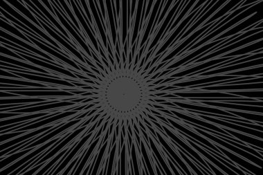 Siyah zıtlık ve geometrik hassasiyeti vurgulayarak, siyah arkaplan üzerinde gri tonda noktalı simetrik şekillere sahip radikal yıldız patlaması deseni