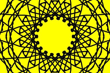 Siyah spirograf tarzı döngüler, merkezi boş olan parlak sarı arkaplana karşı dairesel bir mandala oluşturur