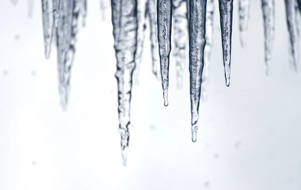 Sharp icicles dripping with water behind Niagara Falls Stock Photo