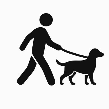 Tasmalı bir köpeği gezdiren siyah bir siluet simgesi. Hayvan bakımını, egzersizi, park kurallarını ve dışarıdaki eğlenceyi temsil eden basit bir sembol.