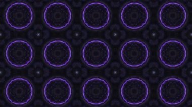 Pırıl pırıl mor, mavi ve yeşil fraktal desenli kusursuz kaleydoskop animasyonu. VJ döngüleri, müzik görselleri ve gelecekteki hareket tasarımı için soyut simetrik dijital arkaplan.