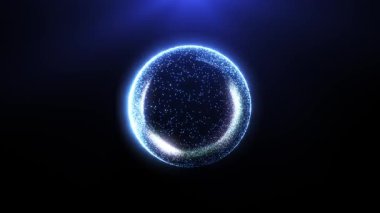 Mavi parlayan parçacık halkası karanlık uzayda dönüyor. Toz ve ışık efektleriyle soyut fütüristik enerji çemberi. Hareket grafikleri, bilim kurgu videoları, VJ döngüleri, dijital arkaplanlar ve teknol için mükemmel.