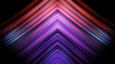 Soyut neon ışık çizgileri hareket halinde geometrik semboller oluşturuyor. Mor, pembe ve turuncu renkli parlak çizgiler. Tasarım, müzik veya VJ görseller için geleceksel teknoloji arka planı.