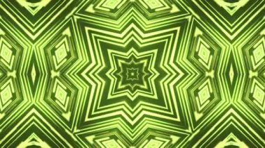 Yeşil soyut kaleydoskop animasyonu, geometrik yıldız desenleri ve parlayan çizgiler. Hipnotik hareket arka planı müzik görselleri, VJ döngüleri, festivaller veya gelecekteki video projeleri için mükemmeldir..