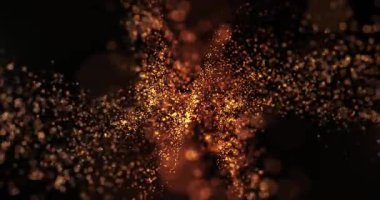 Karanlık uzayda dönen altın parıltı parçacıkları büyülü bir festival atmosferi yaratıyor. Kutlama, lüks etkinlikler ya da tatil video tasarımı projeleri için soyut arkaplan.