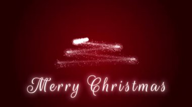 Parlayan kırmızı Noel ağacı ışıl ışıl parçacıklardan yapılmış ve neşeli kırmızı bir arka planda Mutlu Noeller metni var. Kutlama kartları için zarif bir bayram animasyonu.