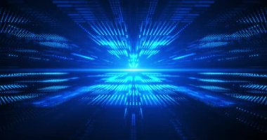 Parlayan parçacıkları ve ışık çizgileri olan mavi fütürist dijital tünel yüksek teknolojili bir arka plan oluşturuyor. Bilim kurgu tanıtımları, teknoloji, müzik görselleştirmeleri ve siber animasyon için ideal.