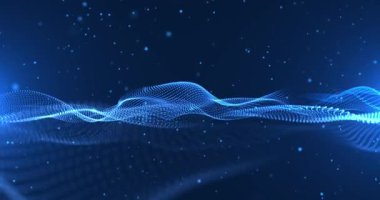 Mavi parlayan dijital parçacık dalgası hareketli dinamik bir yüzey oluşturuyor. Teknoloji sunumları, bilim görselleri, projeler, müzik videoları ve yenilikler için fütüristik soyut arka plan ideali