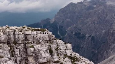 Birlikte uçmadan önce kayalık bir uçurumun kenarına tünemiş bir alp sürüsünün dramatik hava manzarası İtalyan dolomitlerinin bulutlu bir gününde derin bir dağ vadisinde süzülüyor.