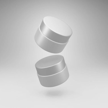 Kozmetik ürünleri için iki gerçekçi plastik şişe arka planda süzülür, havada süzülür. Düzen Şablonu. Üç boyutlu illüstrasyon. Modelleme. Yüksek kalite fotoğraf.