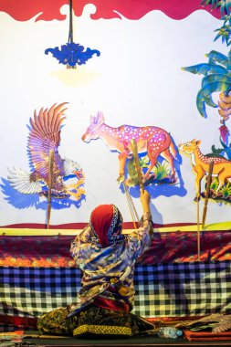 Yogyakarta, 11 Ekim 2025. Genç bir kuklacı wayang kancil (geyik kuklası) oynar. Wayang Kancil bir tür gölge kuklasıdır ve ana karakterleri hayvanlardır, özellikle de fare geyikleridir..