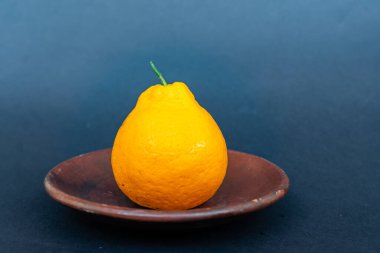 Tahta tabakta taze portakal meyvesi, siyah zemin üzerinde izole edilmiş Dekopon portakalı ya da iş yolu üzerinde sumo mandalina..