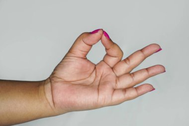 Beyaz arka planda Gyan Mudra 'yı gösteren Hintli genç kadın eli, yoga konsepti.