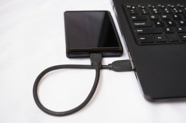 Beyaz arkaplandaki dizüstü bilgisayara bağlı harici yedek disk sürücüsü. USB 3.0 portu ile laptopa bağlanan harici sabit disk.