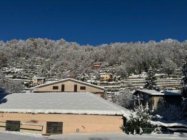İtalya, Borgo San Dalmazzo, 22 Kasım 2025. Yamaçta teraslı evler bulunan, berrak güneş ışığıyla aydınlatılan ve daima yeşil ağaçlarla çevrili huzurlu bir kış manzarası. Yazar:.