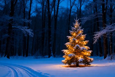 Güzel ışıklandırılmış bir Noel ağacı, alacakaranlık gökyüzüne vuran ışıkların yumuşak parıltısıyla karla kaplı bir ormanda duruyor. Sahne huzur ve bayram neşesini çağrıştırıyor..
