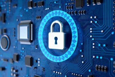 Bir devre kartına yerleştirilmiş, veri koruması ve ağ güvenliğini temsil eden bir asma kilit simgesinin yakın çekim görüntüsü.