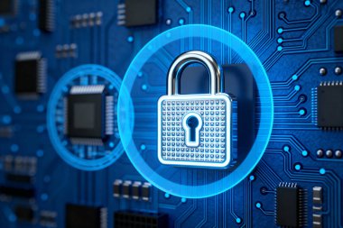 Metalik bir asma kilit, dijital çağda veri koruması ve dijital güvenliği sembolize eden mavi bir devre kartına yerleştirilir..