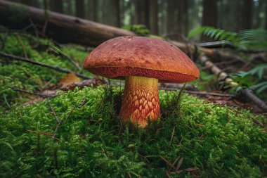 Boletus-luridiforis-Bu makro çekim, doğal ortamında, yosun ve diğer orman bitkileriyle çevrili güzel bir mantarı yakalar.