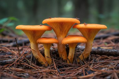 hygrophoropsis-aurantiaca-A kümesi güzel chanterelle mantarları doğal habitatlarında yakalanır, orman zeminindeki enkazlarla çevrelenir.
