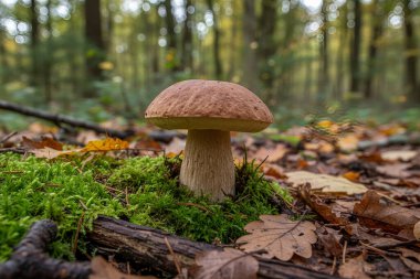 imleria-badia-Bu görüntü yemyeşil yosun ve sonbahar yapraklarıyla çevrili doğal ortamında tek bir Porcini mantarı yakalar.