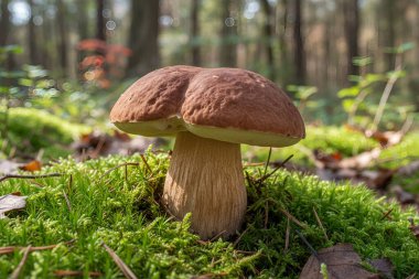 Bu çarpıcı mantar yemyeşil yosunlara karşı duruyor ve ormanda büyüleyici bir manzara yaratıyor.