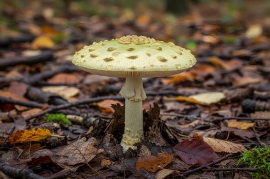 Amanita-citrina. Bu görüntü, doğal orman ortamında, yapraklarla çevrili zehirli bir mantar mantarını gösteriyor.