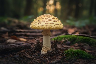 amanita-gemmata-Bu çarpıcı mantar doğal ortamında göze çarpıyor, karmaşık detaylar ve dokular sergiliyor.