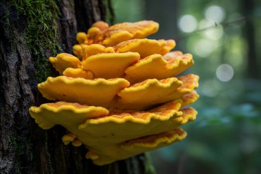 Laetiporus-sulphureus-Bu resim, canlı bir yenilebilir braket mantarı olan Laetiporus sülfürünün güzel bir örneğini gösteriyor.