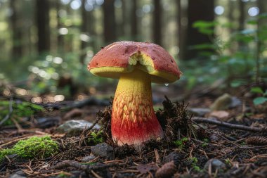 Bu renkli mantar doğal ortamında göze çarpıyor ve orman zemininin güzelliğini gözler önüne seriyor.