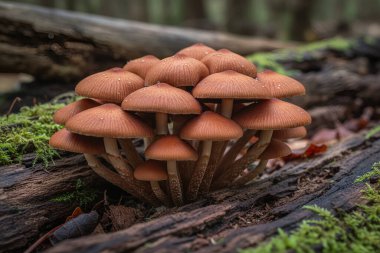 psathyrella-piluliforis-up yakın plan bir orman ortamında yosun kaplı, çürüyen bir kütükte büyüyen bir mantar grubunu ortaya çıkarır.