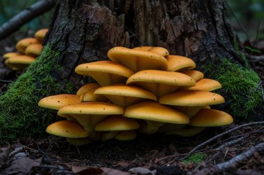 Omphalotus-olearius-A küme canlı turuncu mantar, bir ağaç gövdesi yakınında büyür, yosun ve düşen yapraklarla çevrili.