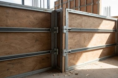 Bu resim, detaylara odaklanmış bir binanın yapımında kullanılan resmi yakın plan çekimini gösterir.