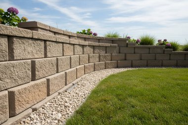 Güzel bir taş duvar yeşil bir çimenliğin etrafında kıvrılır, çiçeklerle ve mavi gökyüzüyle birlikte.