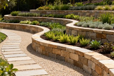 Sakin bir bahçe tasarımı, taştan bir patika ve teraslı bir peyzaj içerir, sakin bir açık hava alanı yaratır.