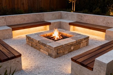 Bu davetkar arka bahçede rahat banklarla çevrili taş bir ateş çukuru var. Rahatlatıcı akşamlar için mükemmel.