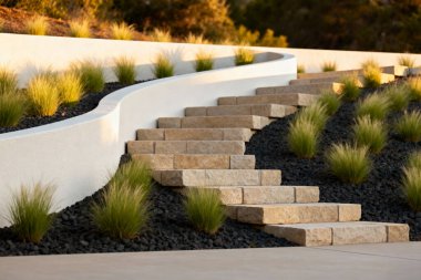 Bu resim, taştan basamakları ve yemyeşil yeşilliği olan güzel tasarlanmış bir açık alanı gösteriyor.