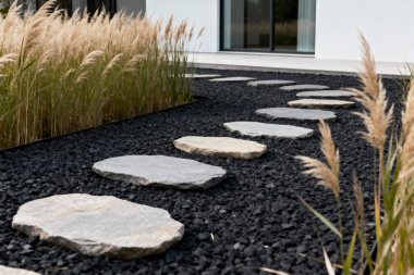 Huzurlu bir bahçe yolu, doğal elementleri modern tasarım ile harmanlayan minimalist bir arazide göze öncülük eder.