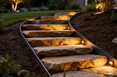 Aydınlatılmış taş basamaklar gece vakti güzel manzaralı bir alanda hoş bir yol oluşturur.