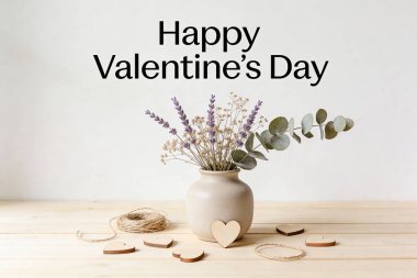 A minimalist composition featuring a vase of dried lavender and eucalyptus, surrounded by small wooden hearts and twine on a light wooden surface