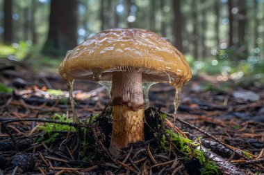 Çam iğneleri ve yosunlarla kaplı bir orman zemininde ıslak, parlak bir başlığı ve damlayan bir sümüğü olan tek bir mantar.