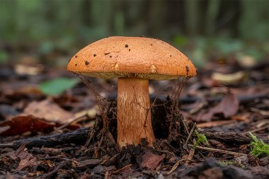 Ormanın zemininden tek bir kahverengi mantar çıkar, gövdesi ince örümcek ağlarıyla örtülmüş, düşmüş yapraklar ve yosunlarla çevrilidir.