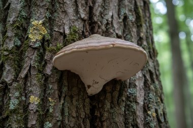 Ağaç gövdesine bağlı bir raf mantarının detaylı bir görüntüsü, doğal bir orman ortamında yosun ve liken ile çevrili.