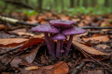 Düşmüş yapraklarla kaplı nemli bir orman zemininde büyüyen birkaç ametist hilekar mantarın yakından görüntüsü, Laccaria ametistina.