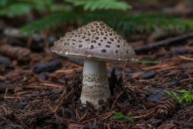 Su damlacıklarıyla kaplı, orman döküntüleri ve çam iğnelerinin arasına yerleştirilmiş desenli bir başlıkla vahşi bir mantarın detaylı bir görüntüsü.
