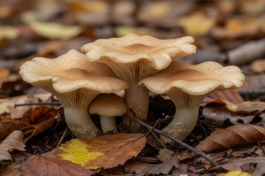 Bir grup bal mantarı nemli topraktan çıkar, sonbaharda bir ormanlık alanda düşmüş yaprakların arasına yerleşir.