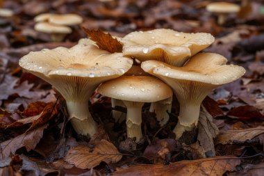 Yağmur sonrası çiğ damlalarıyla kaplı orman zemininde birlikte büyüyen birkaç açık renkli mantarın yakın görüntüsü.