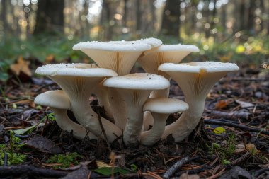 Çam iğneleri ve yosunlarla çevrili orman zemininde solungaçları ve çiğ damlaları olan narin beyaz mantarlar birlikte büyür.