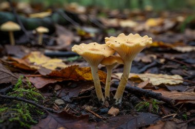 Çürüyen yapraklar ve yosunlarla çevrili nemli topraktan, huni şeklinde küçük sarı mantar kümesi çıkar.